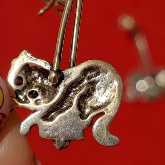 Sterling Silver Cat on Swing Sapphire Earrings Car Lady Cat Lover - Picture 4 of 4